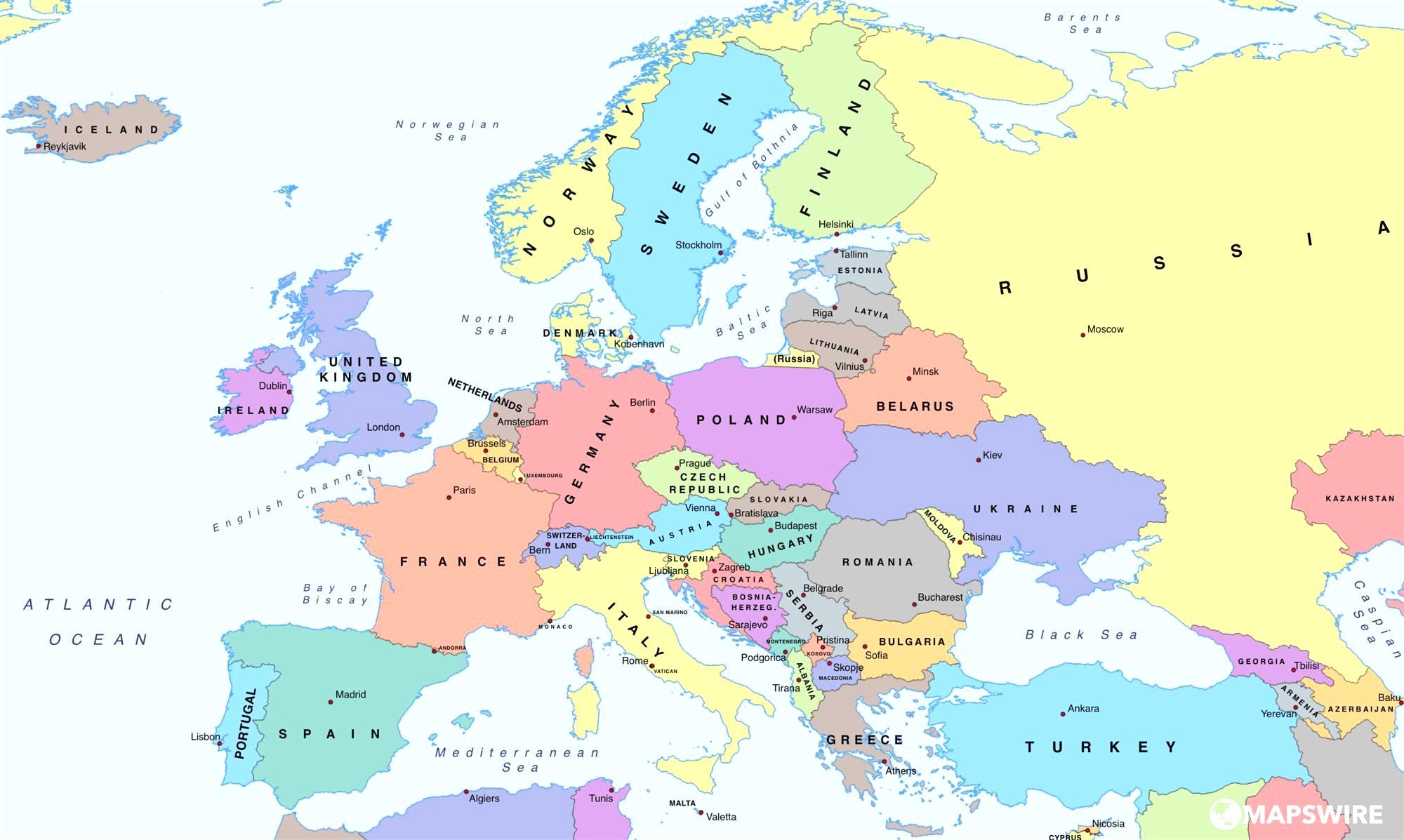 Карта Европы с границами государств 2022 года