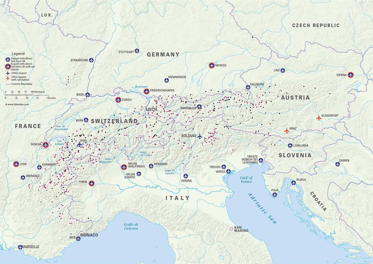 карта Австрии горнолыжные курорты, аэропорты